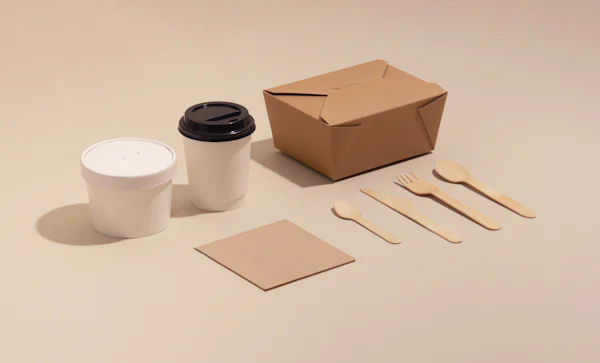 A kraft takeaway box beside two cups and wooden cutlery on a pale table