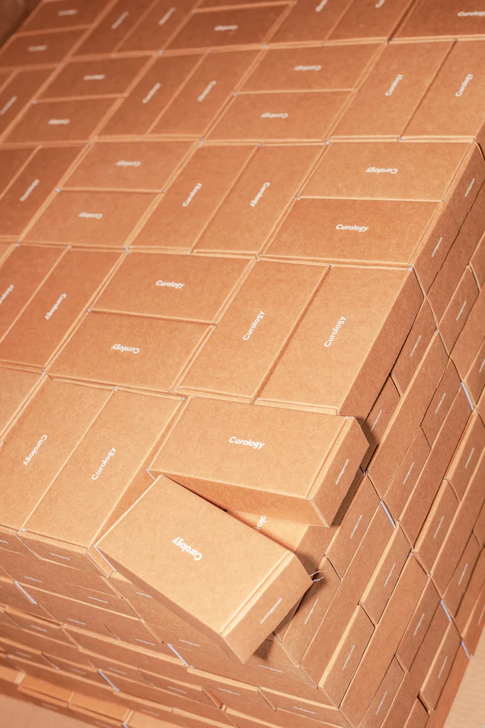 A wall of small kraft cartons stacked in neat rows