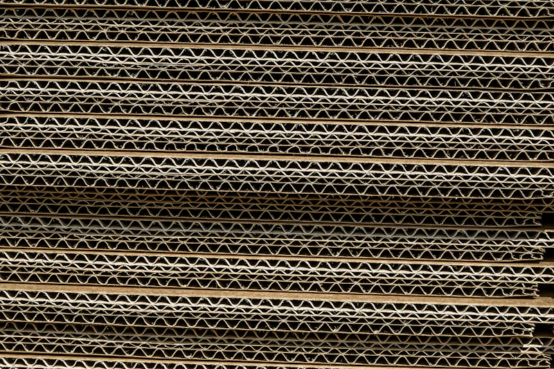 The cut edges of stacked corrugated board, showing the wavy flutes between flat liners